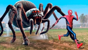 Spider Hero Runs Fast with a Giant Friendly Spider - Fun Kids Outdoor Adventure